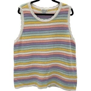 DESIGN HISTORY Pastel Rainbow Stripe Knit Tank Top Sweater Crochet Cotton Sz XXL